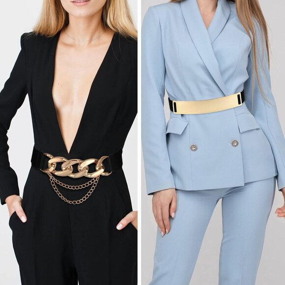 4 Pieces Women\'s Gold Metal Elastic Waist Belts for Dresses and Outfits